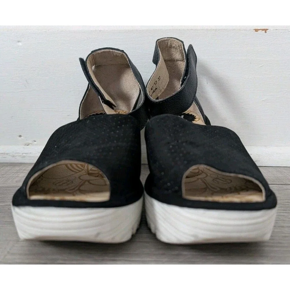 Fly London Yake Perforated Leather Wedge Sandals Black White Women's Sz 43 US 12